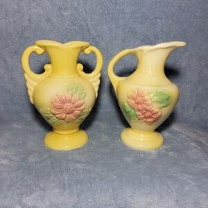 Vintage 1940's Hull Pottery Glossy Sun Glow Vases Yellow Pink Flowers Art Deco
